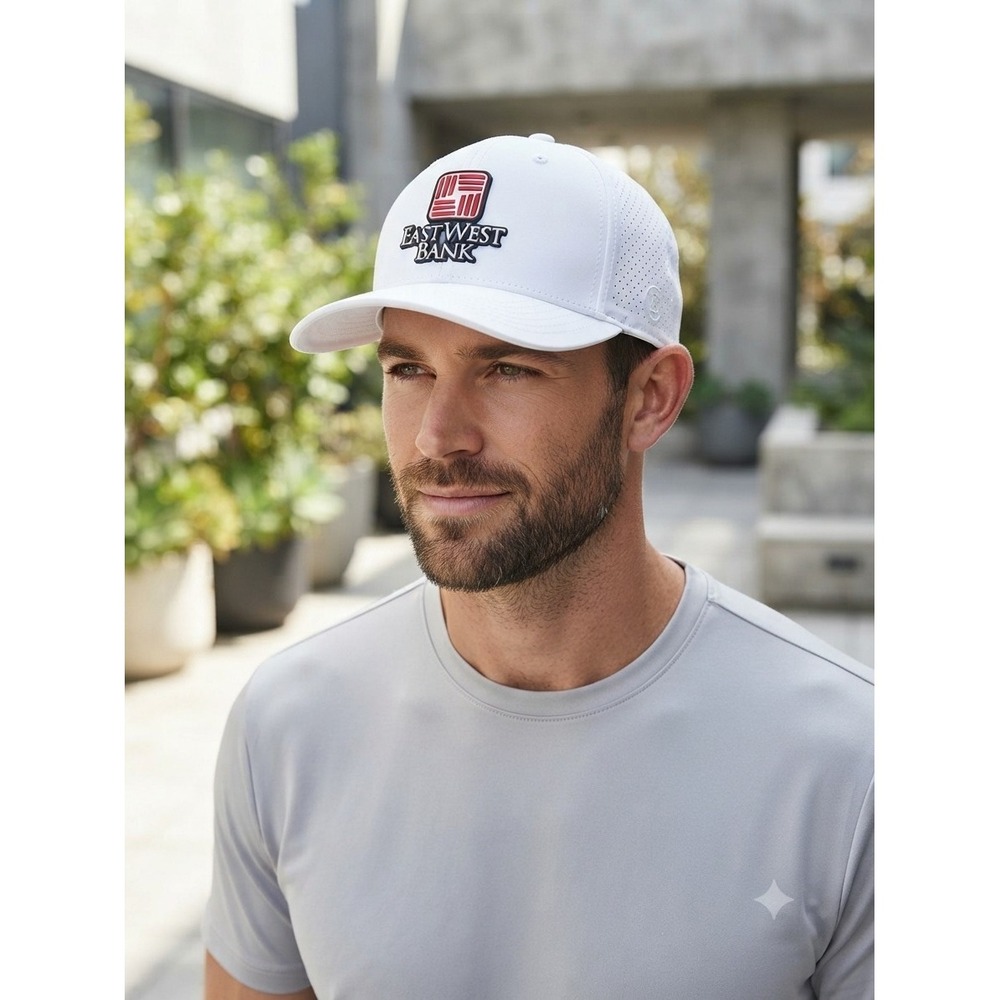 Branded Bills Snapback Hat White East West Bank Logo Performance Golf Cap